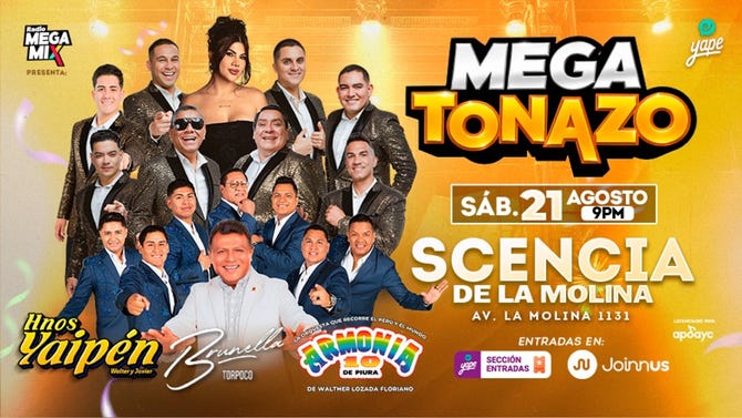El MegaTonazo reunirá a Hermanos Yaipén, Armonía 10 de Walther Lozada y Brunella Torpoco el 21 de agosto